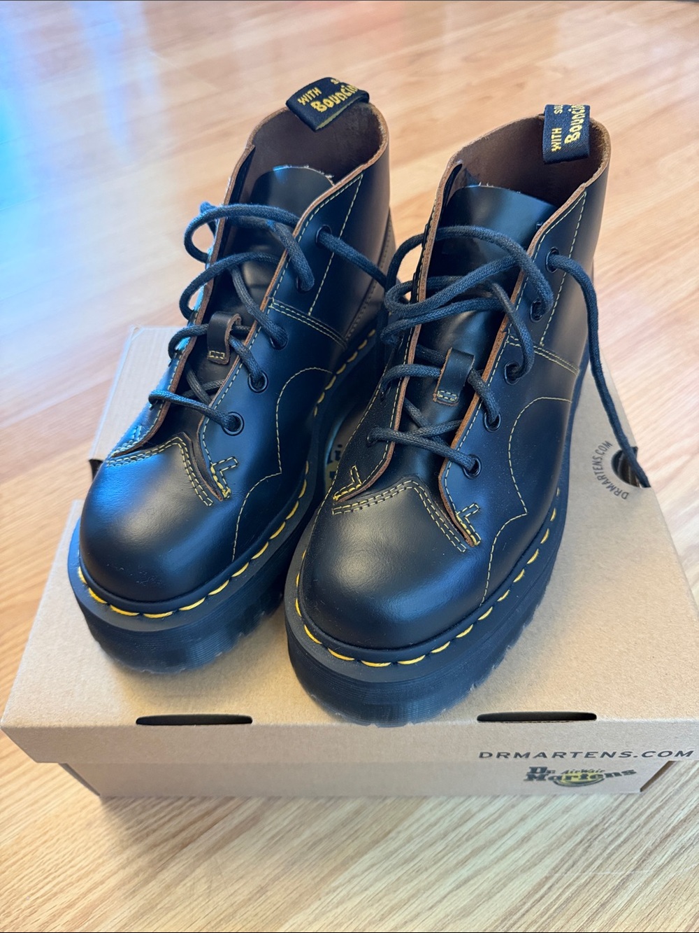 Dr. Martens Church Quad Platform Monkey Boots with Yellow Stitching